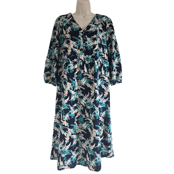 J. Jill Dresses & Skirts - J Jill Navy Floral Cotton Midi Dress Sz-S Relaxed V-neck 3/4 Sleeve Boho cottage